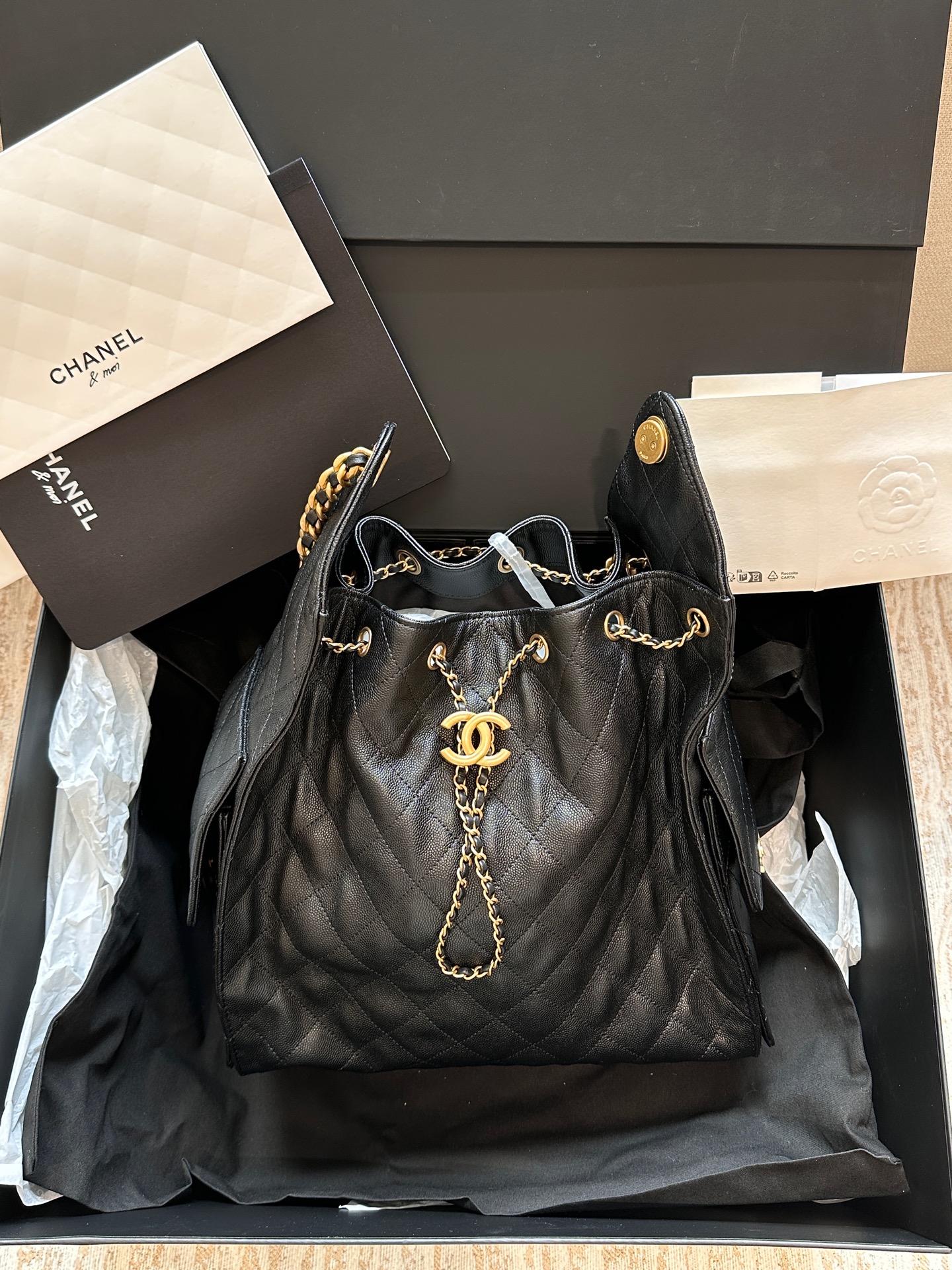 CHANEL 2025 Black Gold Caviar Leather 25 Bag